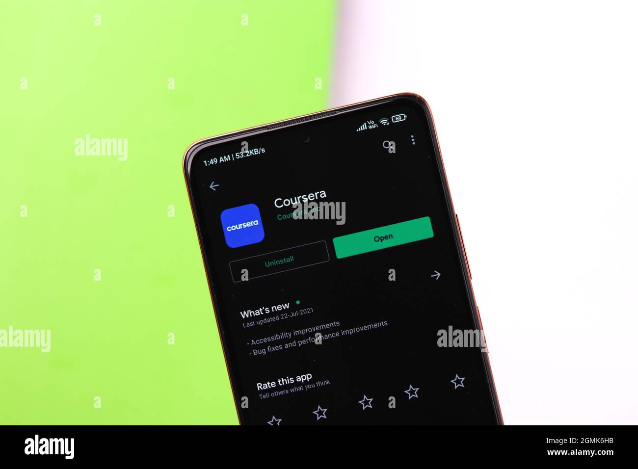 West Bangal, India - August 21, 2021 : Coursera logo on phone screen stock image. Stock Photo