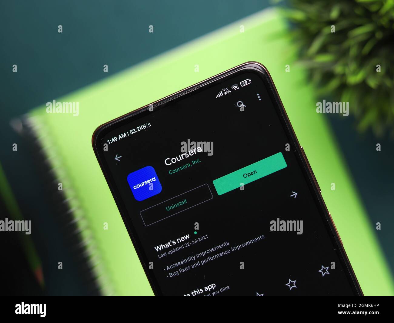 West Bangal, India - August 21, 2021 : Coursera logo on phone screen stock image. Stock Photo