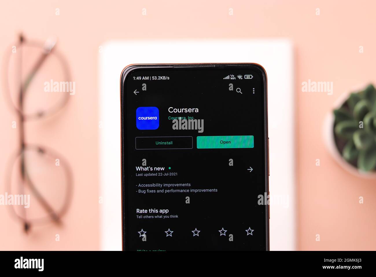 West Bangal, India - August 21, 2021 : Coursera logo on phone screen stock image. Stock Photo