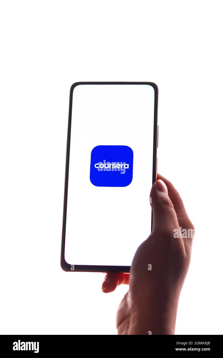 West Bangal, India - August 21, 2021 : Coursera logo on phone screen stock image. Stock Photo