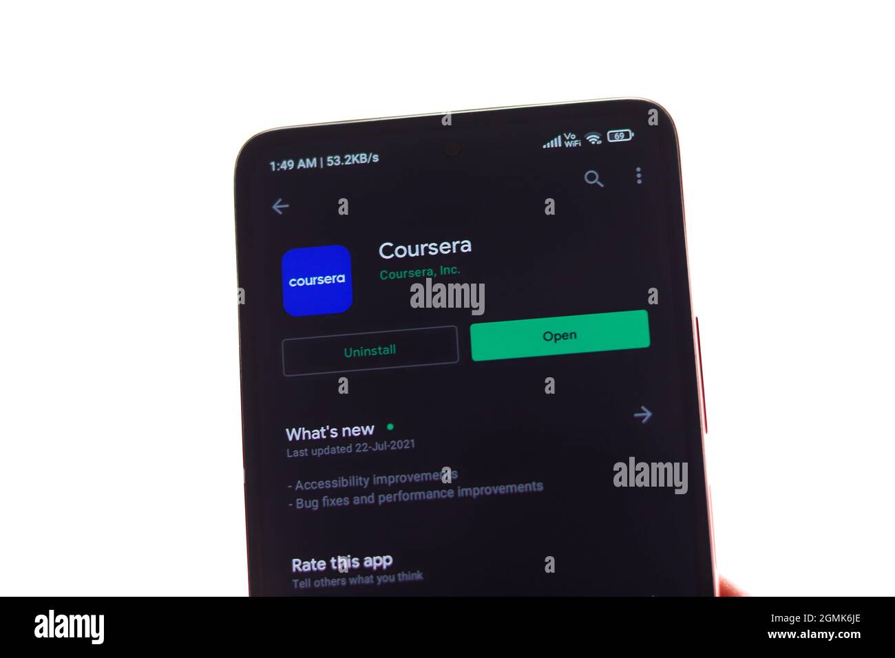 West Bangal, India - August 21, 2021 : Coursera logo on phone screen stock image. Stock Photo