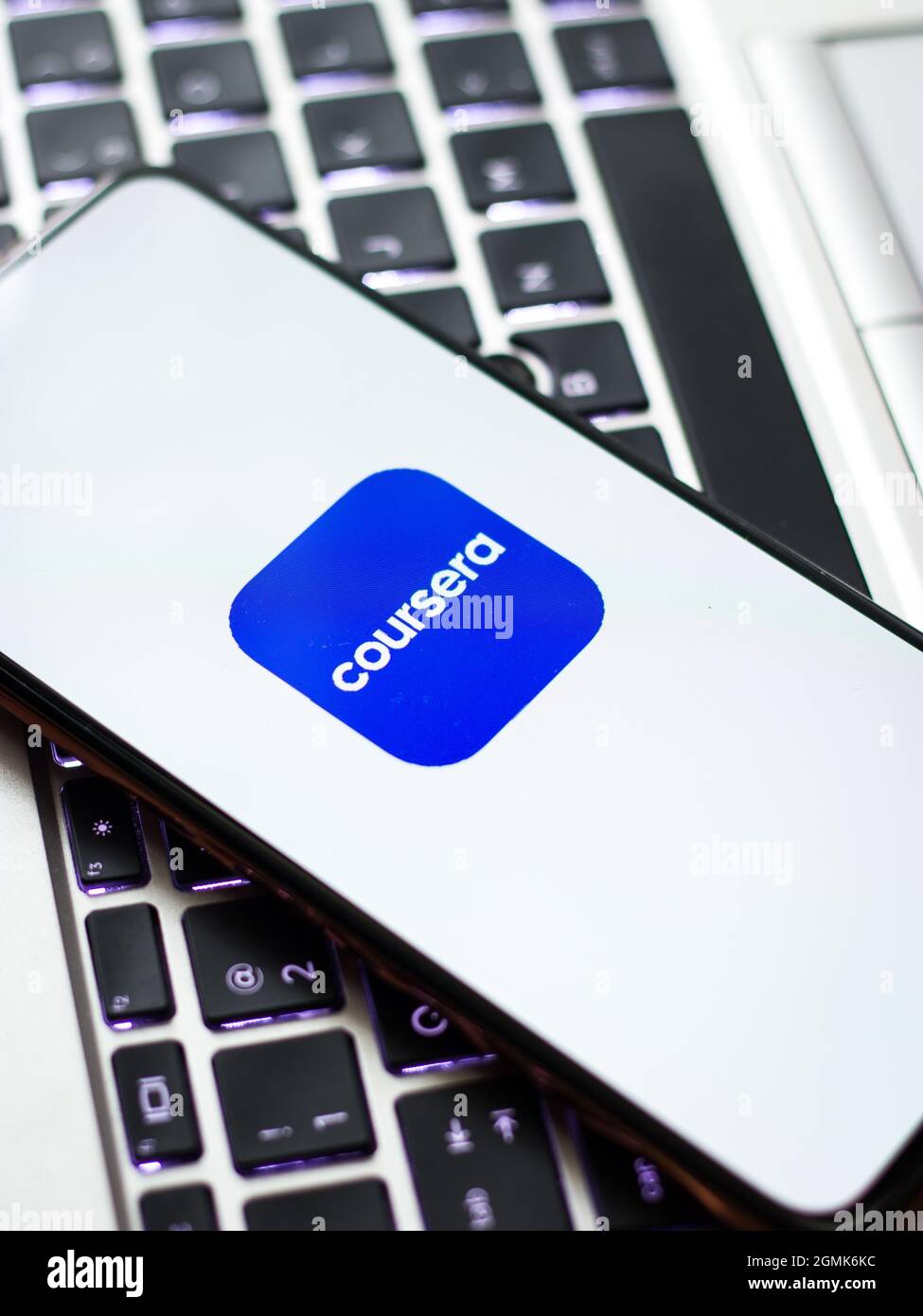 West Bangal, India - August 21, 2021 : Coursera logo on phone screen stock image. Stock Photo