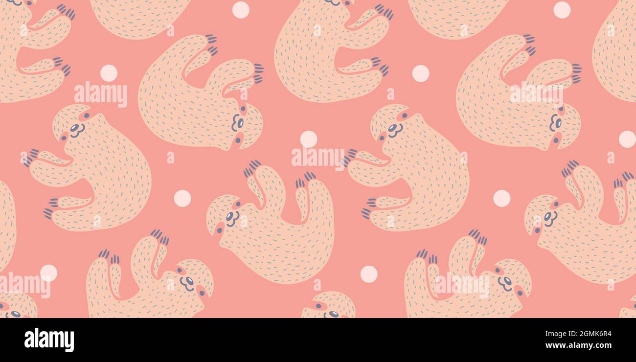 Vector seamless pattern with cute sloth. Vector pattern with sloth superhero and dots. Stock Vector