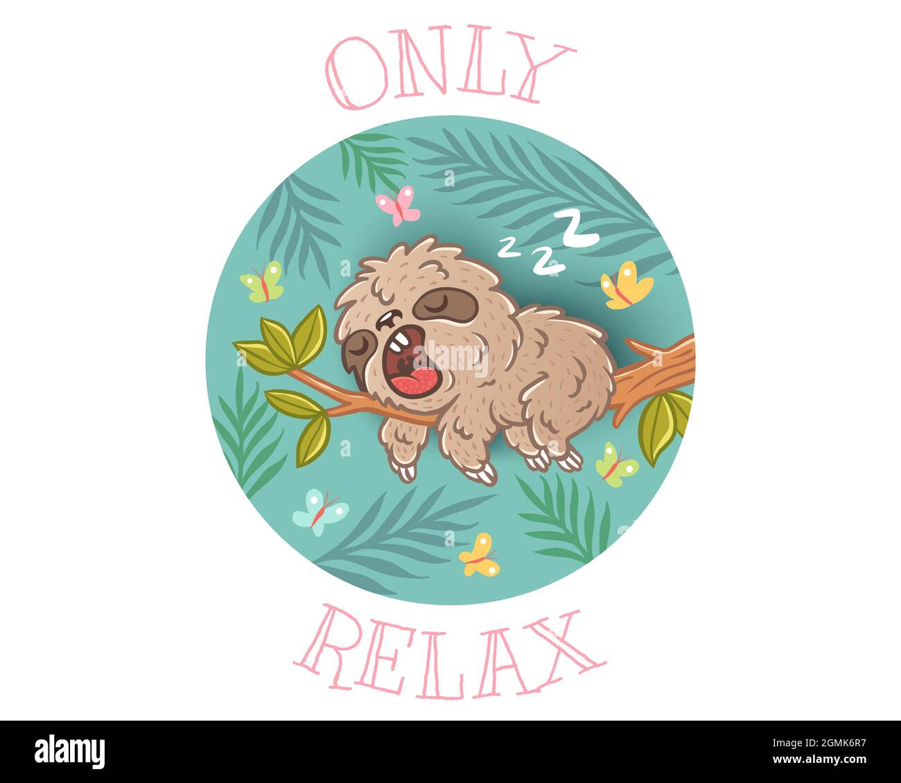 Vector illustration of a sleep sloth on branch with green leaves. Sloth and butterflyes. Only relax. Stock Vector