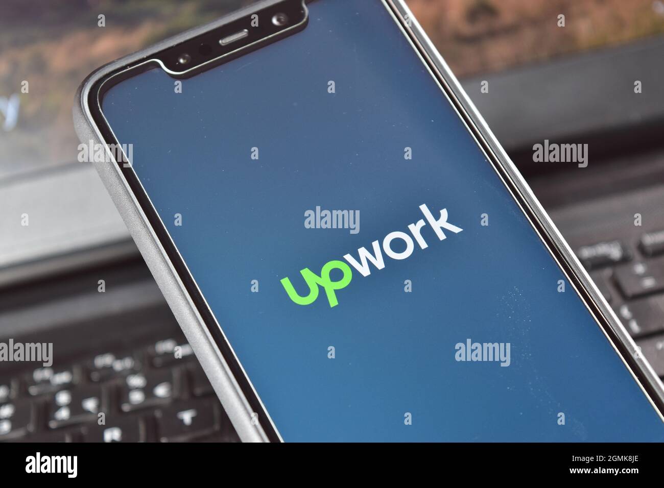 New Delhi, INDIA - 04 February 2020 : Upwork app on smartphone, freelance job portal Stock Photo
