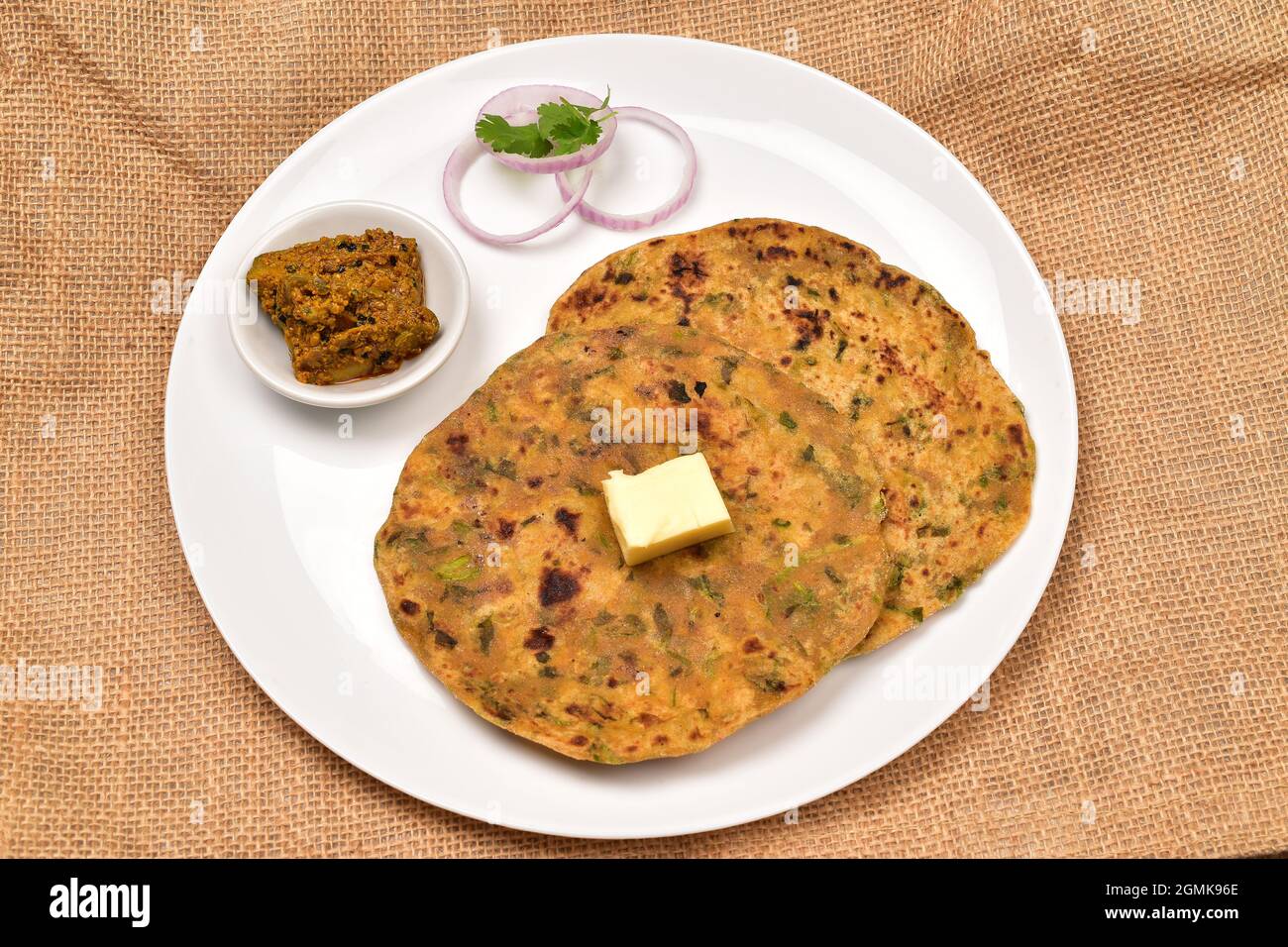 Famous Gujarati Food Thepla with Mango Pickle in plate Stock Photo - Alamy