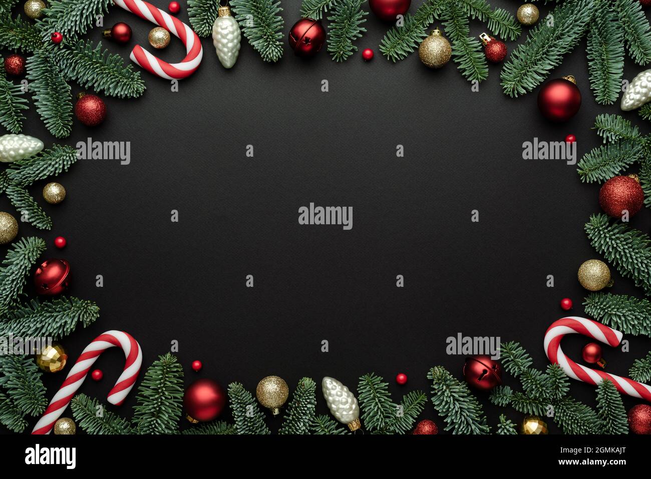 Christmas card with place for text on black background. Flat lay, top view and copy space for text Stock Photo