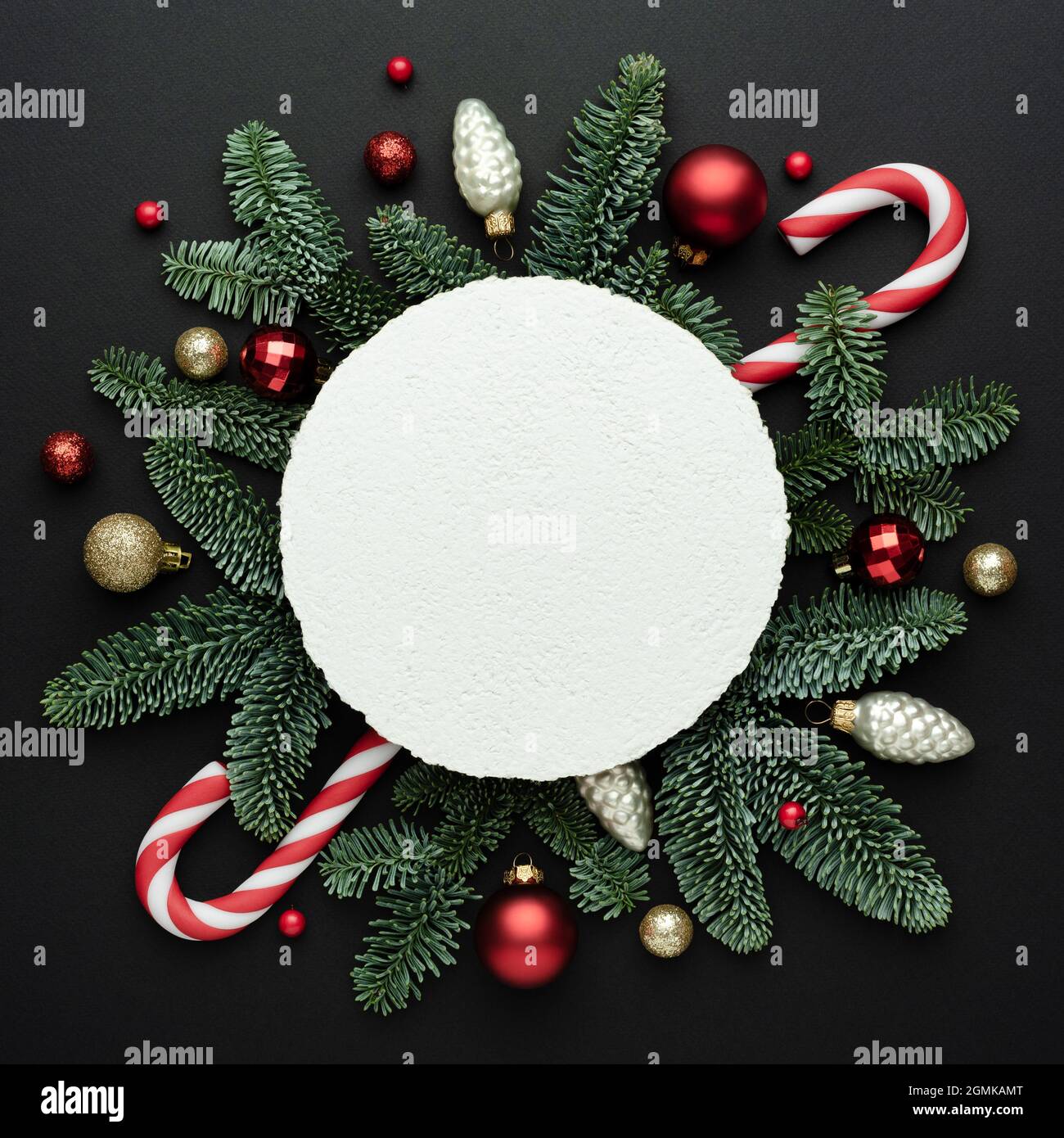 Christmas card with place for text on black background. Flat lay, top view Stock Photo