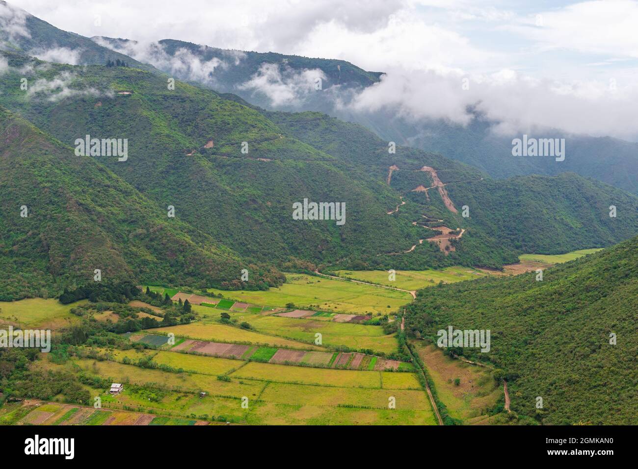 Agriculture fields of indigenous communities in a valley of the Pululahua volcanic crater, Quito, Ecuador. Stock Photo