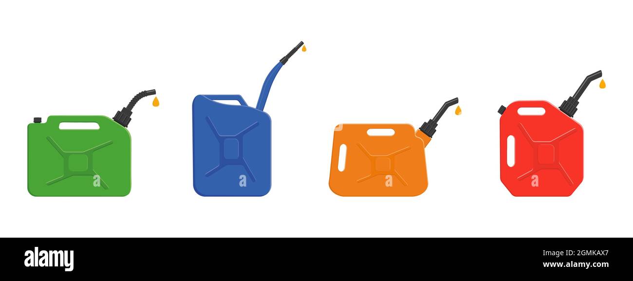 Gasoline jerrycans with leaking petrol drops. Set of gas canisters