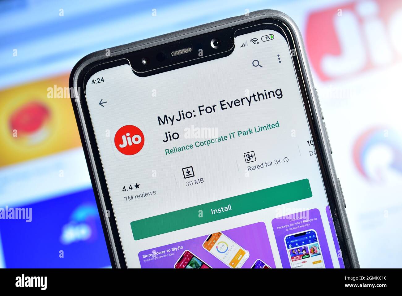 New Delhi, India - February 10, 2020: jio app on smartphone, reliance jio mobile network application, My Jio Application on Smartphone Stock Photo