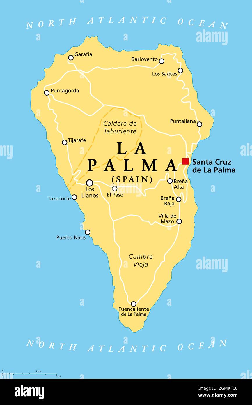 La Palma island, political map, with capital Santa Cruz. San Miguel de La Palma, north-western island of Canary Islands, autonomous community of Spain Stock Photo