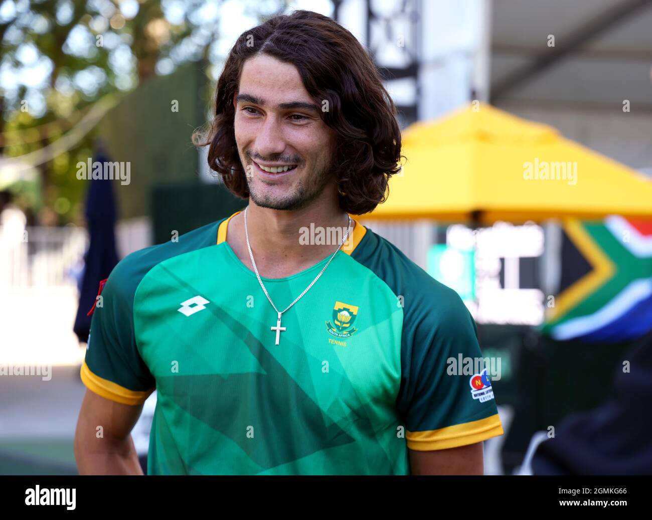 New York City, United States. 19th Sep, 2021. South Africa's Lloyd Harris smiles following his doubles victory with teammate Raven Klassen over the Venezuelan team of Luis David Martinez and Dimitri Badra in the World Group II first round Davis Cup match between the two nations at the West Side Tennis Club in Forest Hills, New York. Credit: Adam Stoltman/Alamy Live News Stock Photo