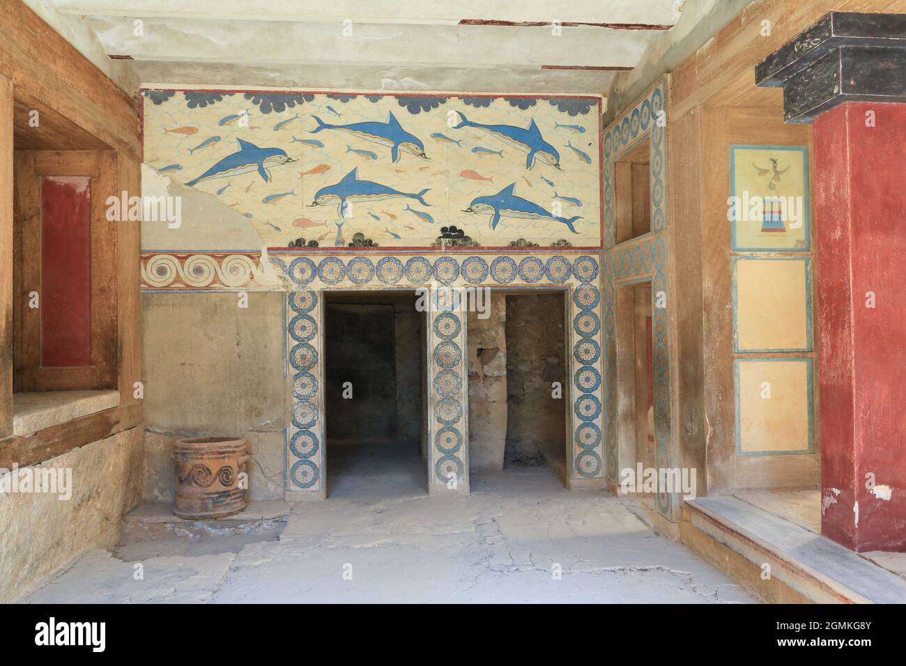 Minoan Palace of Knossos on the Greek island of Crete is a Bronze Age archaeological site south of the the port city at Heraklion. Stock Photo