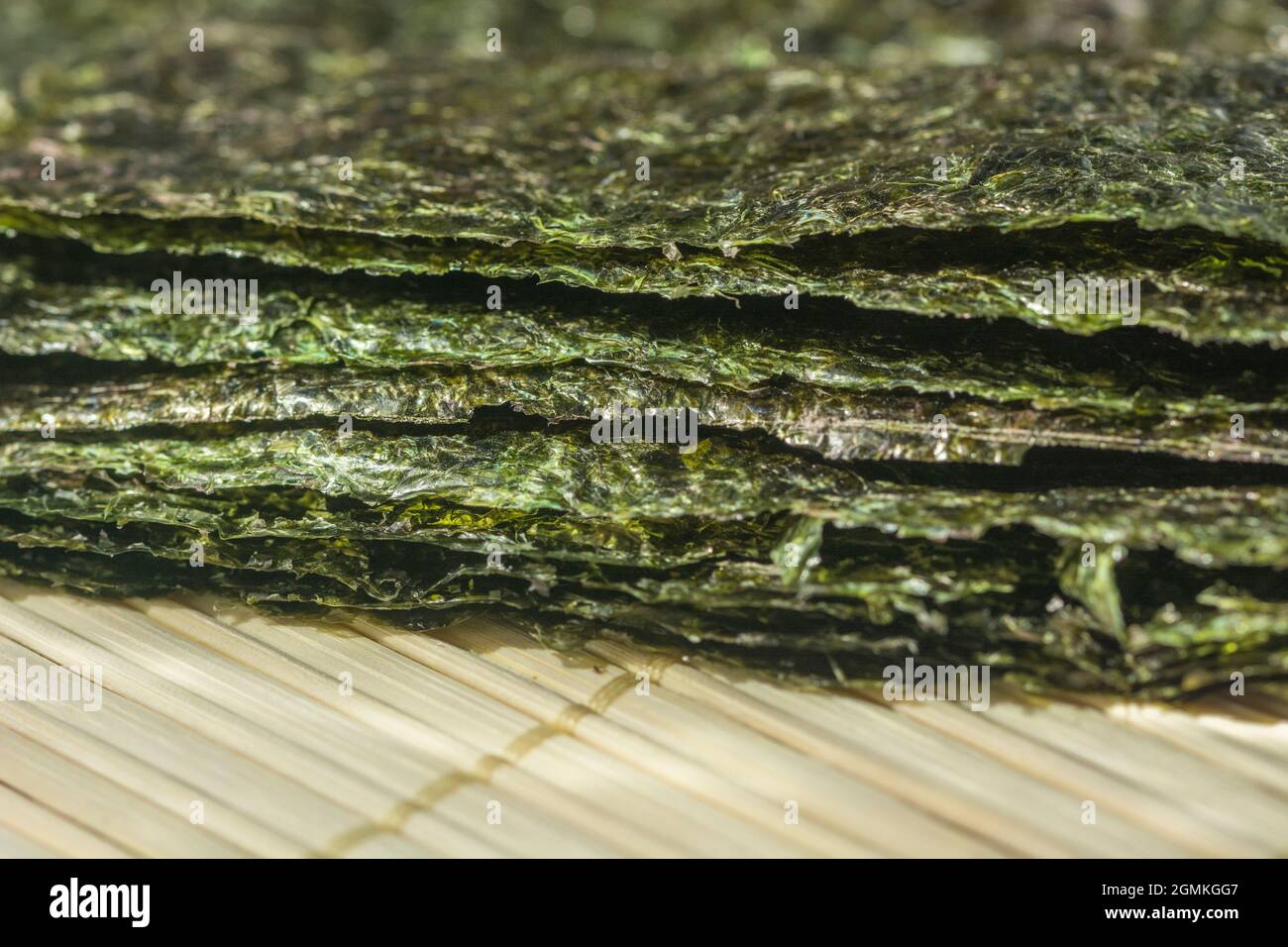 Close shot of the edible dried seaweed Nori / Pyropia sheets, used as