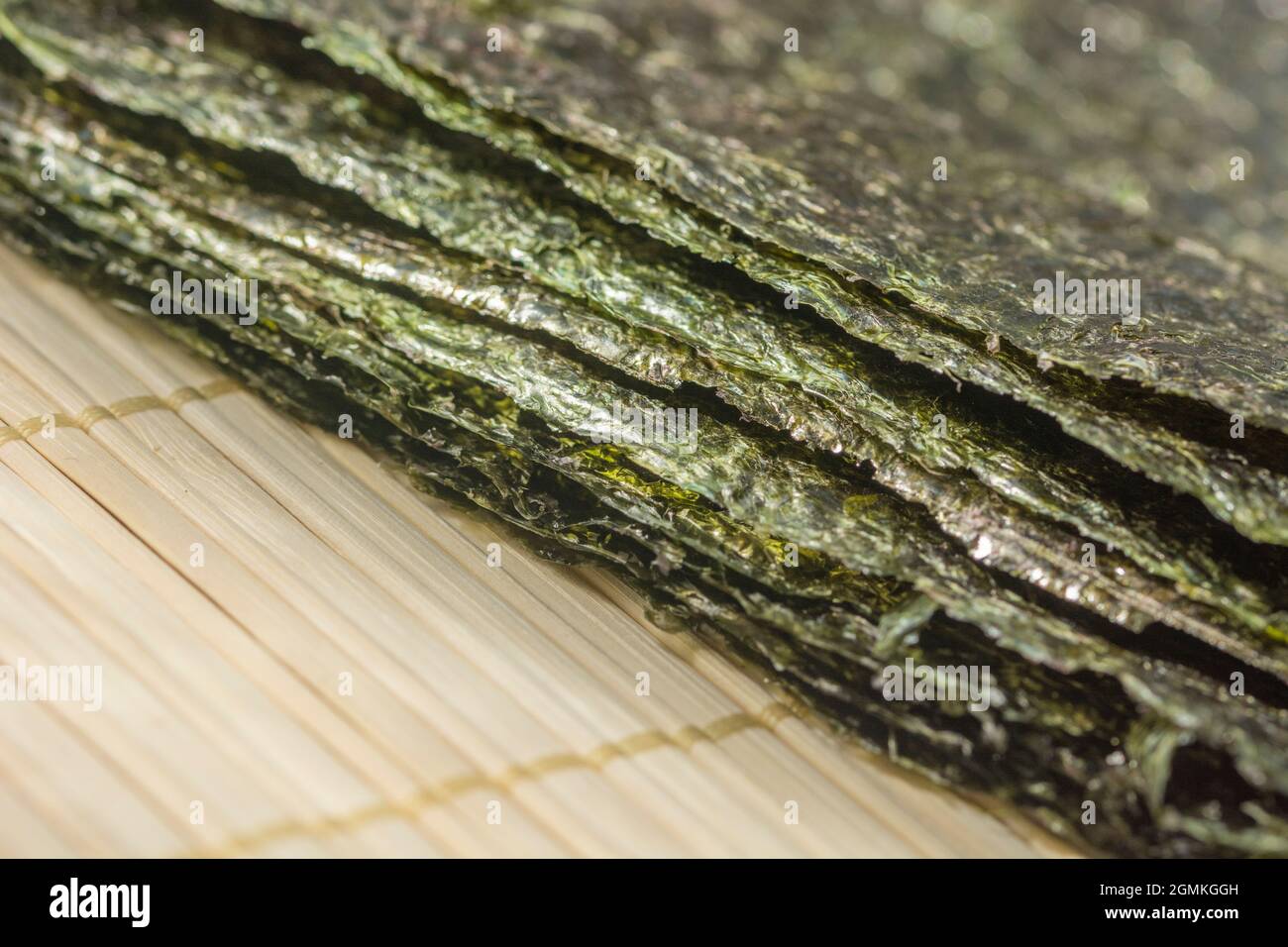 Close shot of the edible dried seaweed Nori / Pyropia sheets, used as