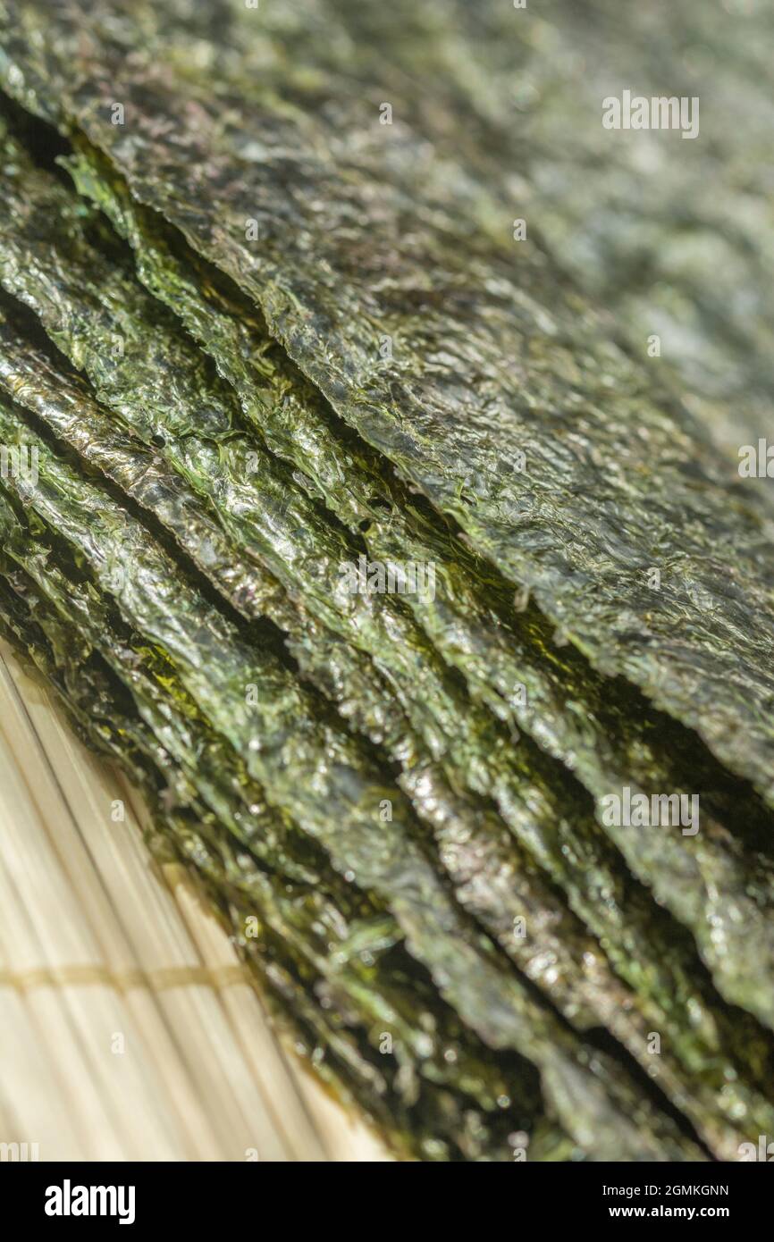 Close shot of the edible dried seaweed Nori / Pyropia sheets, used as
