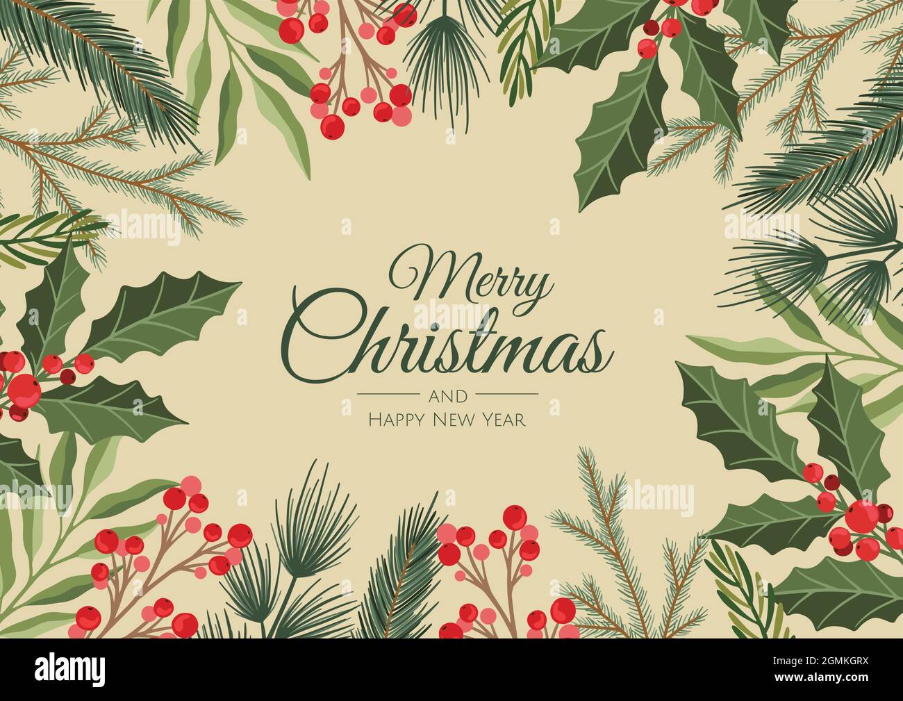 Merry Christmas and New Year Card with Pine Wreath, Mistletoe, Winter ...