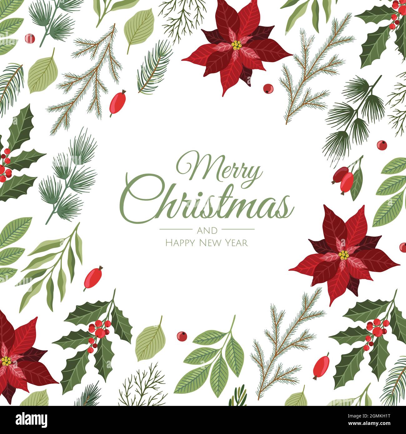 Merry Christmas and New Year Card with Pine Wreath, Mistletoe, Winter ...