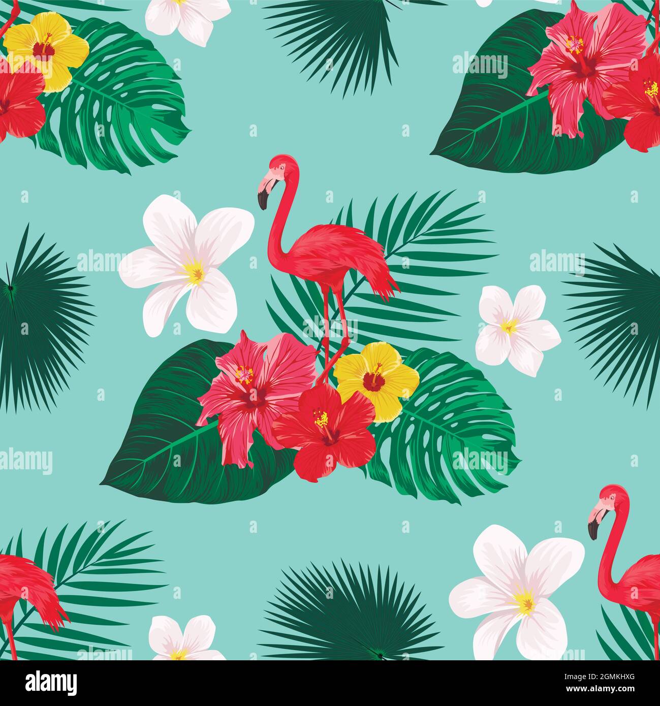 Seamless Pattern with Flamingo Bird, Tropical Leaves and Flowers. Repeated Tropical Background. Flat Vector Illustration. Africa, Savannh, Exotic Stock Vector