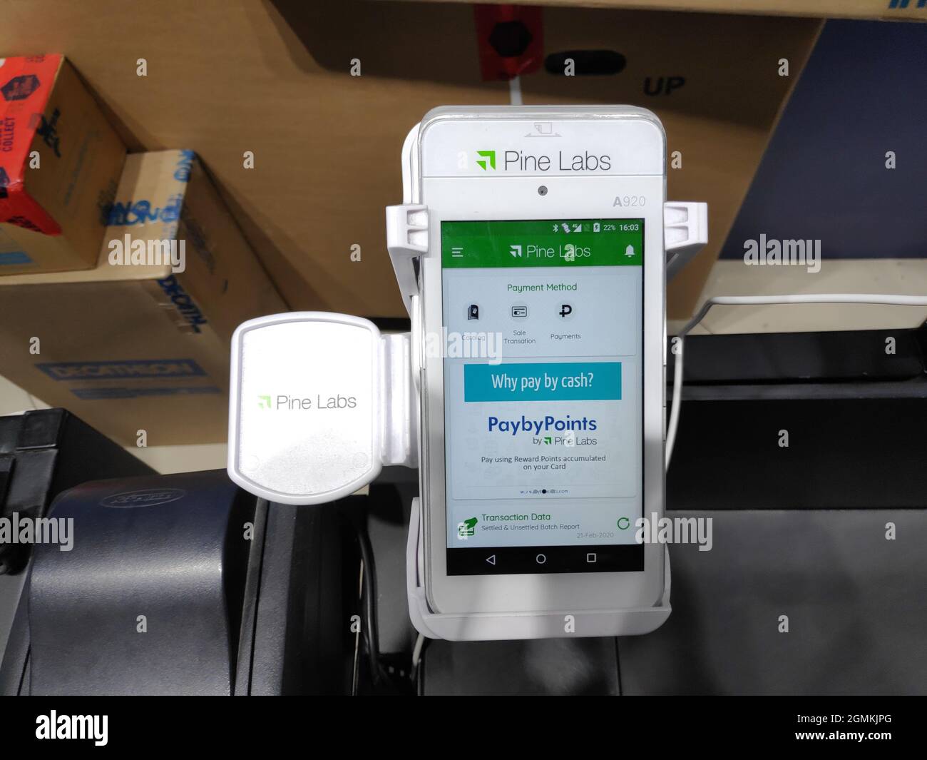 New Delhi, India, 21 February 2020 Pine Labs Machine on store, Indian
