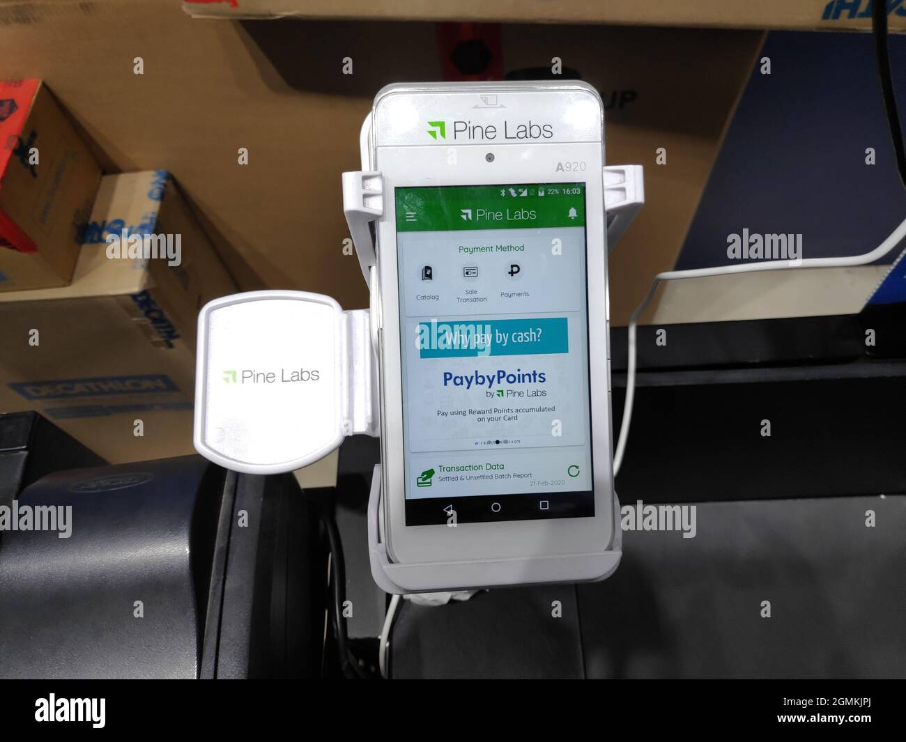 New Delhi, India, 21 February 2020 Pine Labs Machine on store, Indian