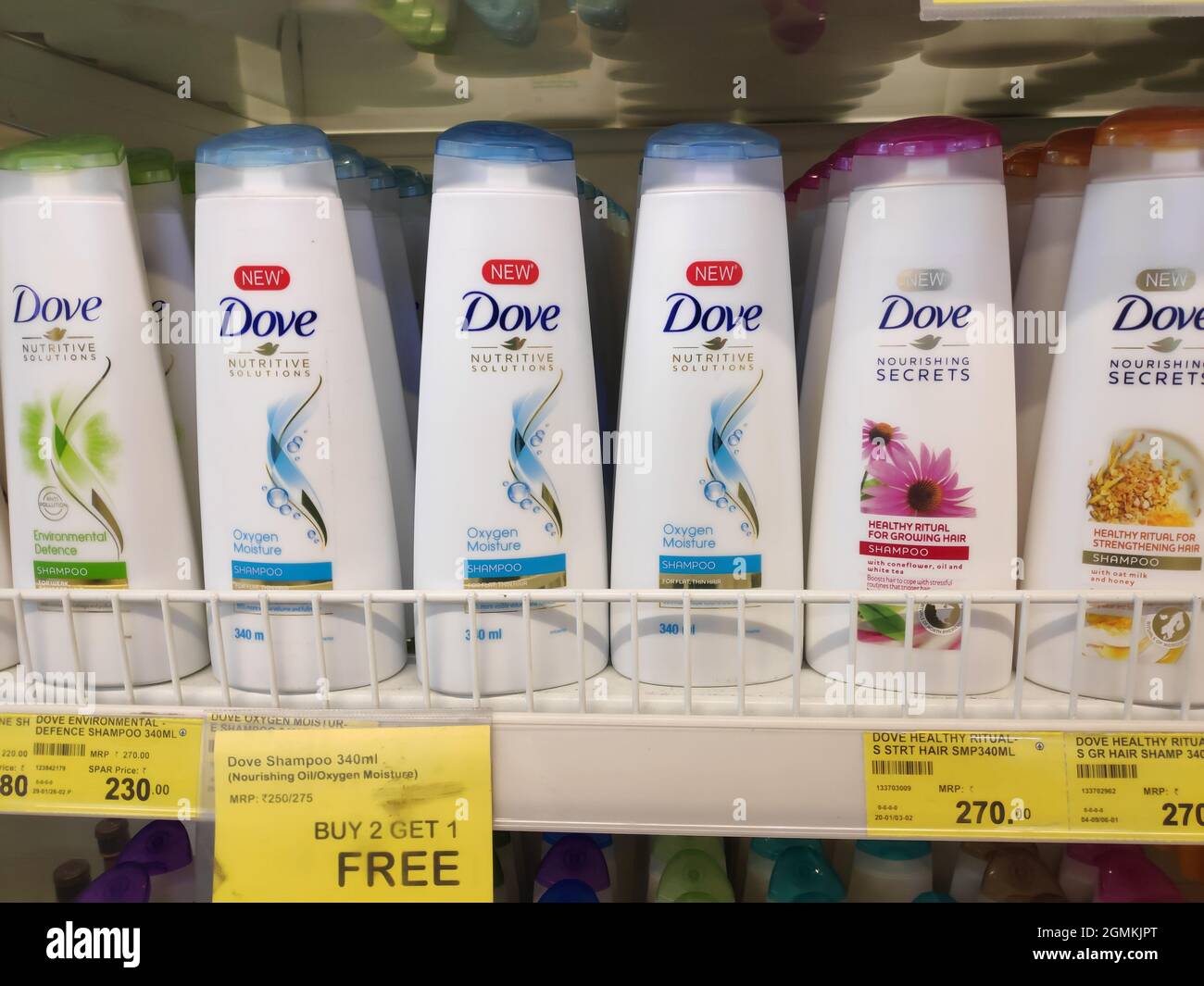 New Delhi, India, 21 February 2020 Dove Shampoo Displayed in Shelf at