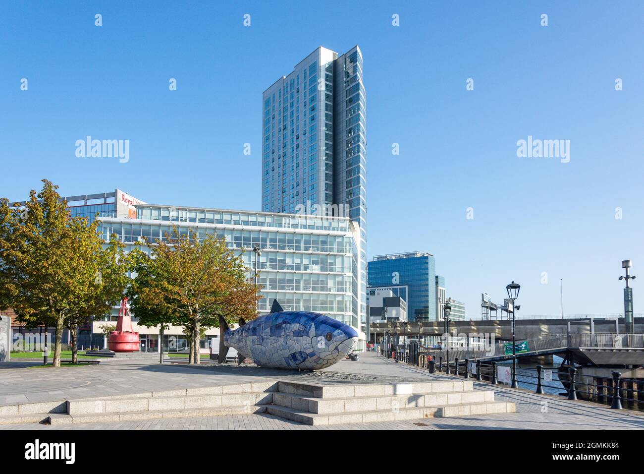 The Salmon of Knowledge (The Big Fish) and The Obel high-rise building, Donegall Quay, City of Belfast, Northern Ireland, United Kingdom Stock Photo