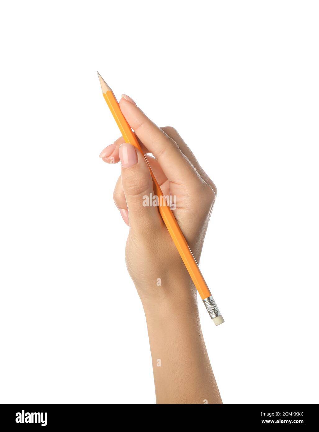 Woman with pencil on white background Stock Photo - Alamy