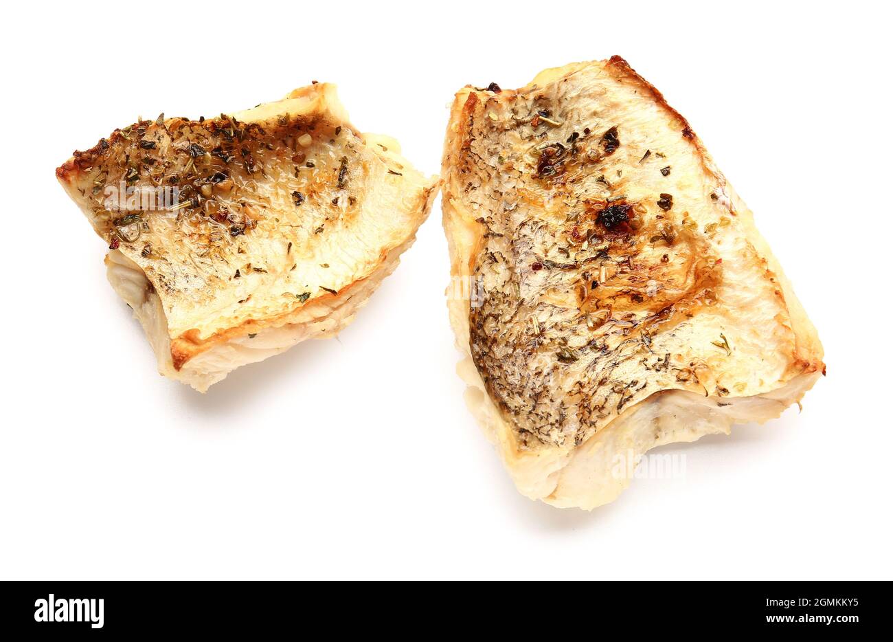 Baked cod fillet on white background Stock Photo - Alamy