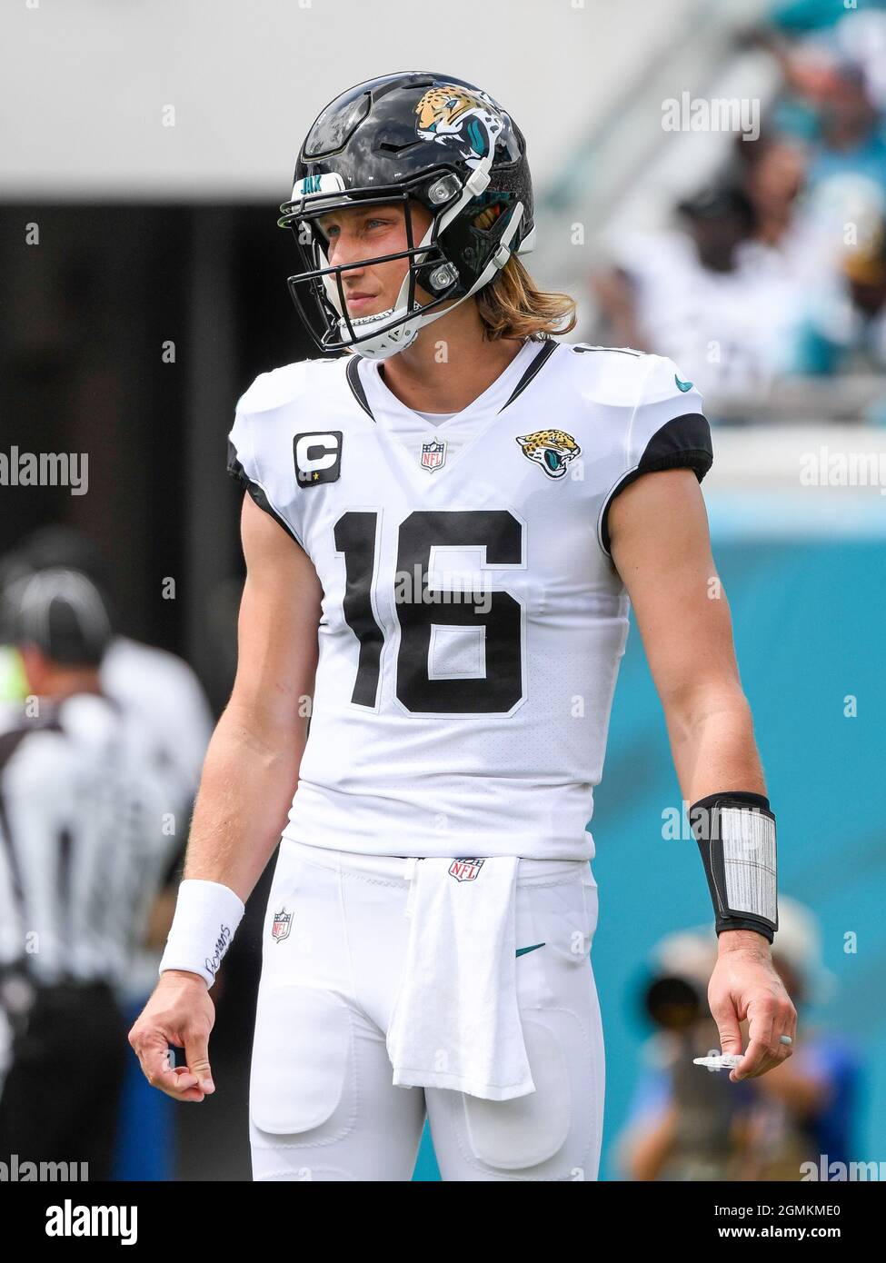 Jacksonville, FL, USA. 19th Sep, 2021. Jacksonville Jaguars quarterback  Trevor Lawrence (16) during 2nd half NFL football game between the  DenverBroncos and the Jacksonville Jaguars. Denver defeated Jacksonville  23-13 at TIAA Bank