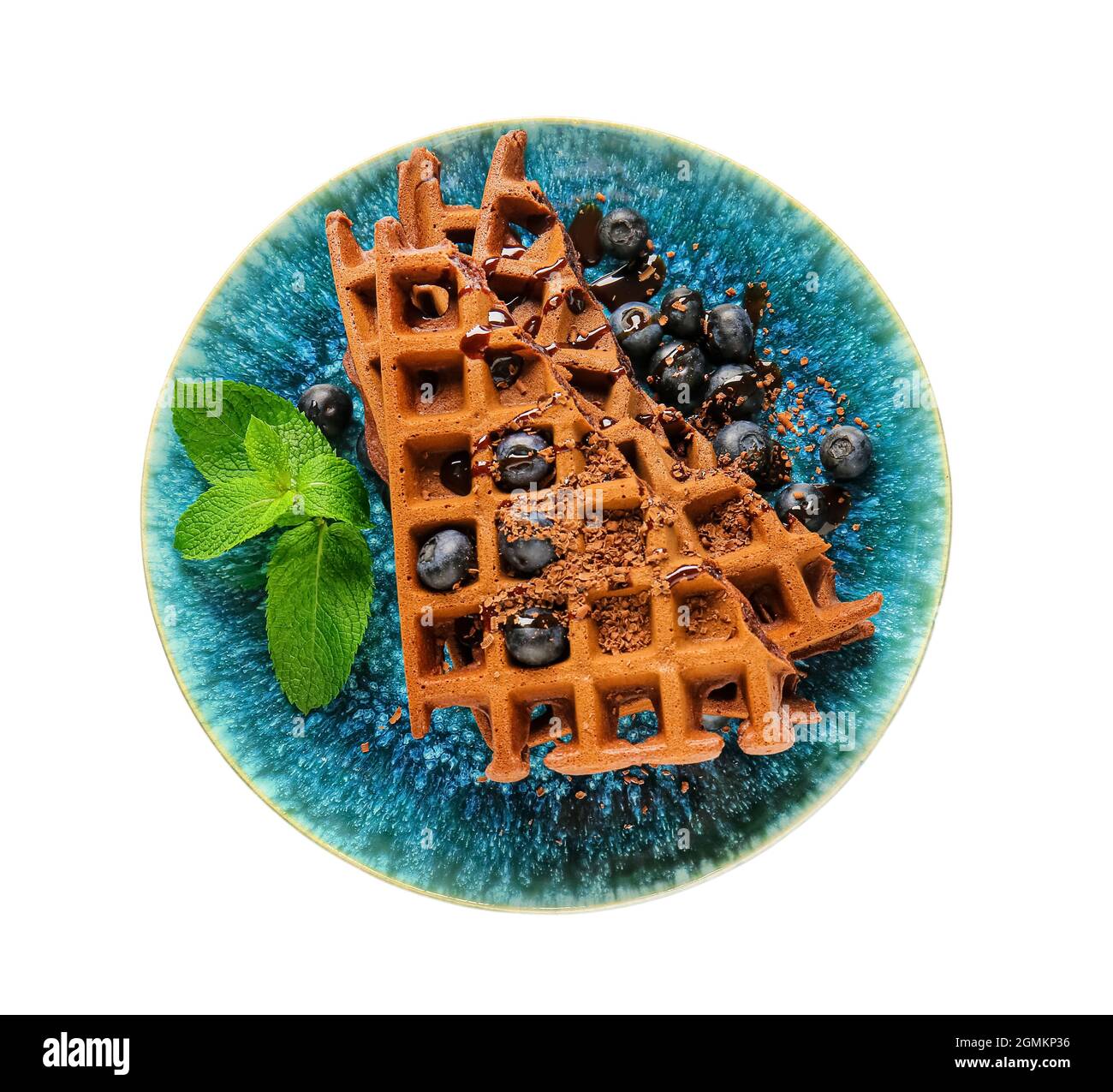 Plate of delicious Chocolate Belgian Waffles with blueberry on white ...