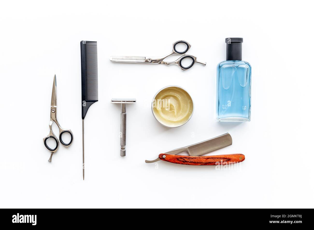 Shaving accessories set with barber razor. Top view Stock Photo - Alamy