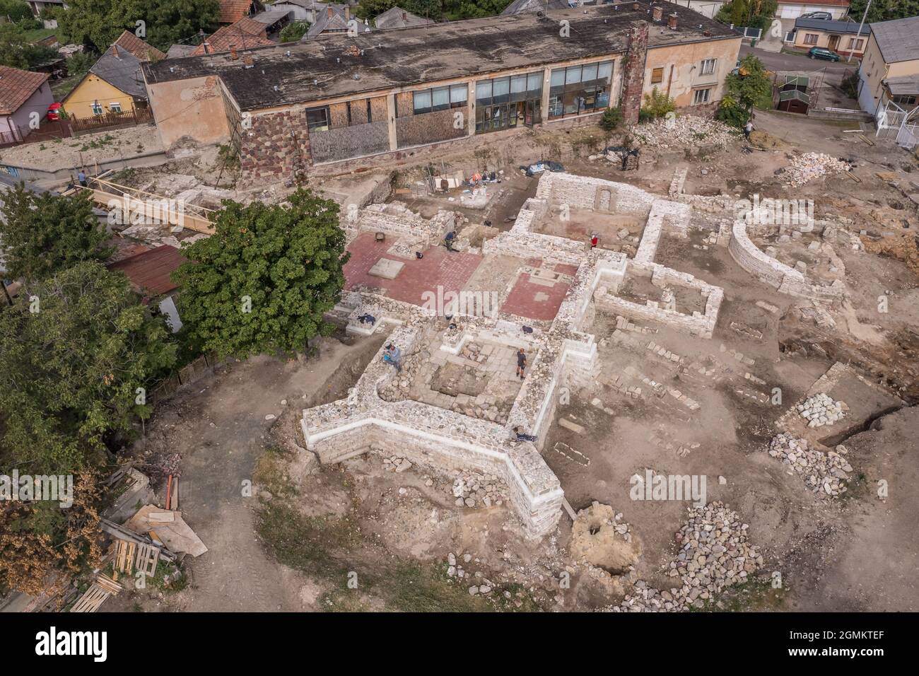 Aerial view of the royal palace and monastery complex ruins currently under  excavation and restoration in Abasar, Heves country Matra region Hungary  Stock Photo - Alamy