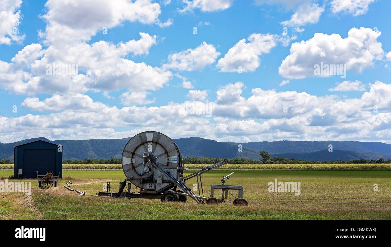 Koumala, via Mackay, Queensland, Australia - September 2021: An irrigation hose on a reel standing in a cane paddock Stock Photo