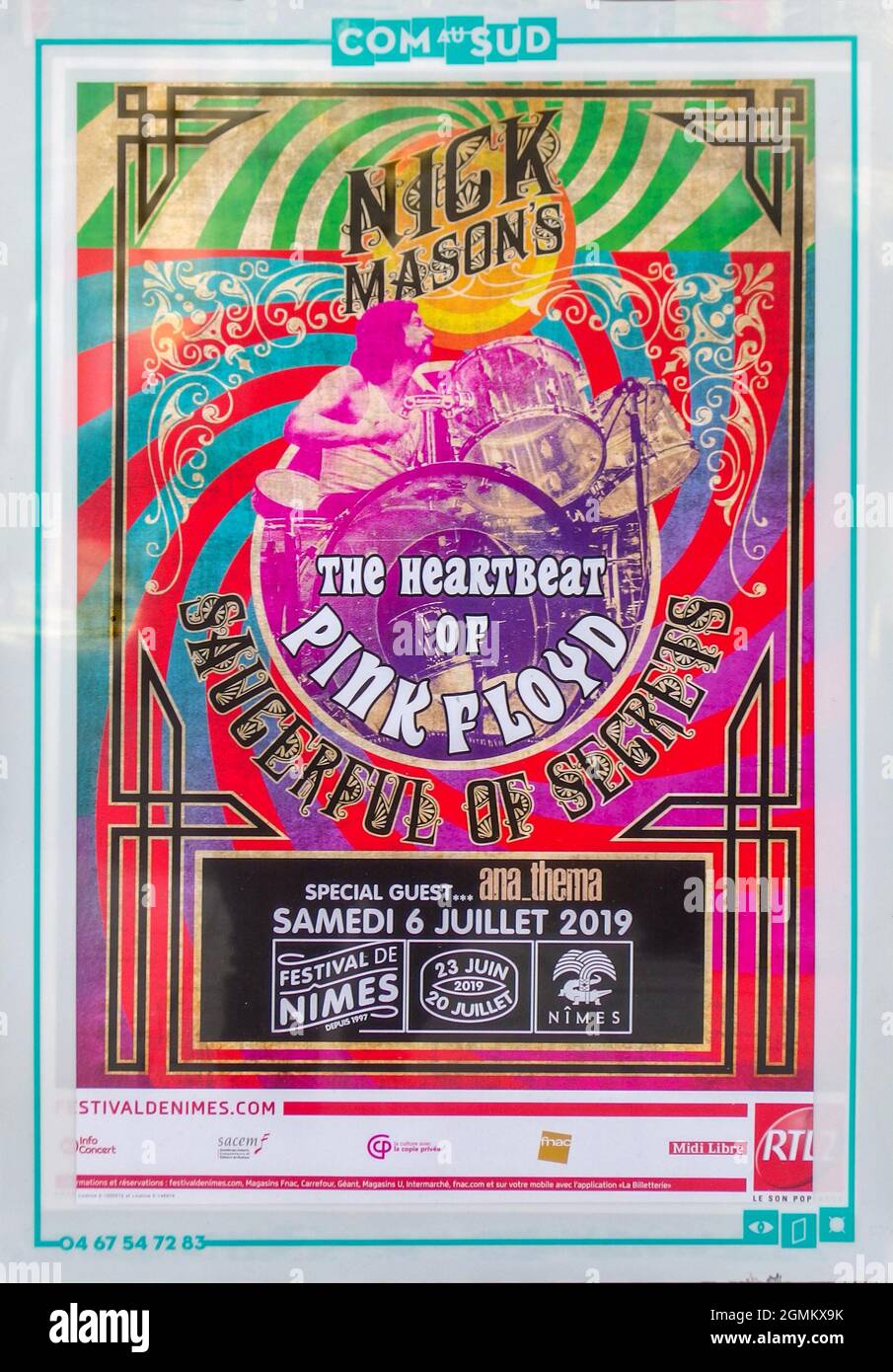 Poster for Nick Mason 'The Heartbeat of Pink Floyd' concert in Nîmes, France on 6 July 2019. Stock Photo