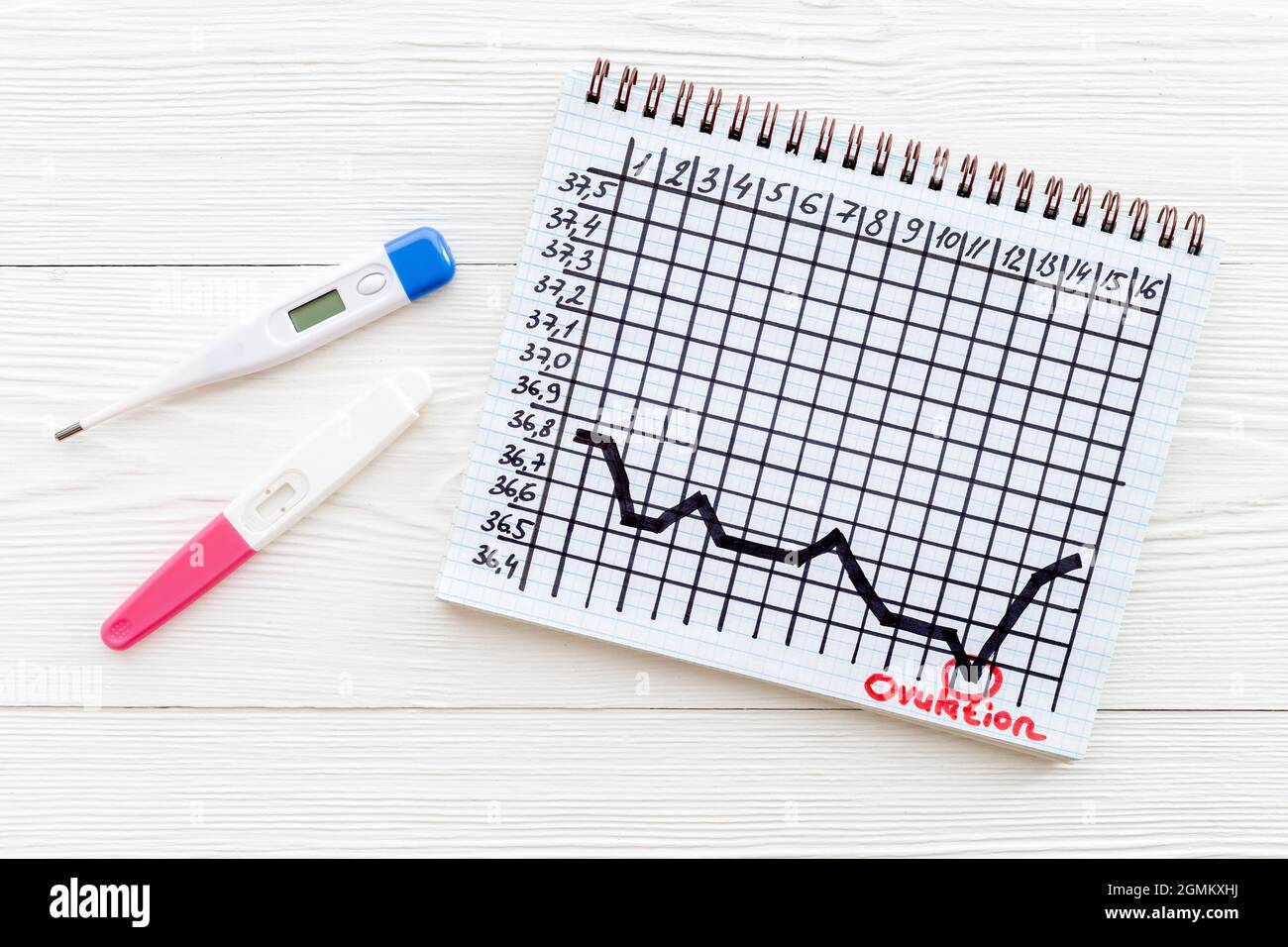 Thermometer and ovulation test on basal temperature chart. Predicting