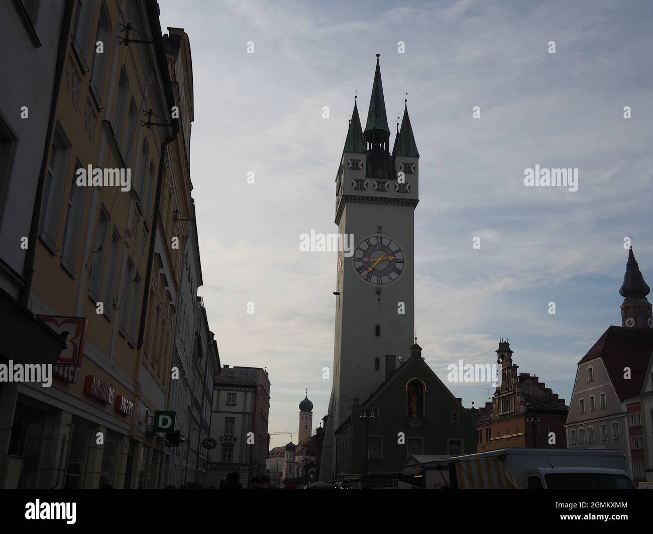 Gothic City Tower (Stadtturm)  and main square. Straubing, Bavaria Germany. Stock Photo