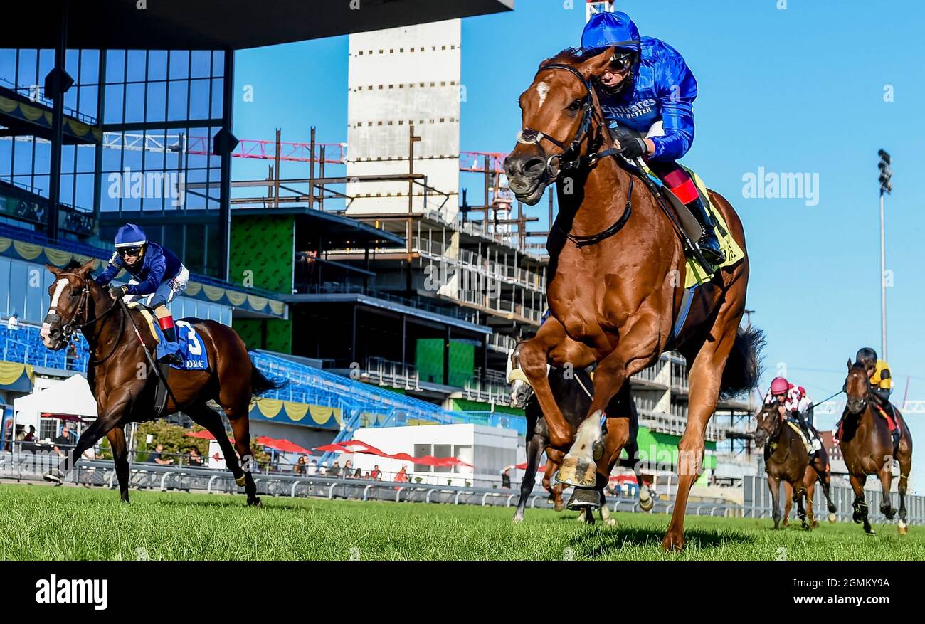 Toronto Ontario, ON, USA. 19th Sep, 2021. September 19, 2021: Albahr (Gb) #4, ridden by jockey Frankie Dettori wins the Grade 1 Summer Stakes on the turf at Woodbine Racetrack in Toronto, Ontario Canada on September 19th, 2021. Scott Serio/Eclipse Sportswire/CSM/Alamy Live News Stock Photo