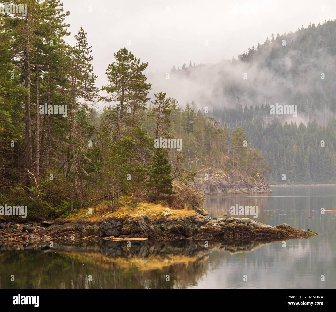 Misty day on the BC coast in Canada, with clouds, islands, calm water, conifers and rocky shoreline.  Wilderness, remote, picturesque. Stock Photo