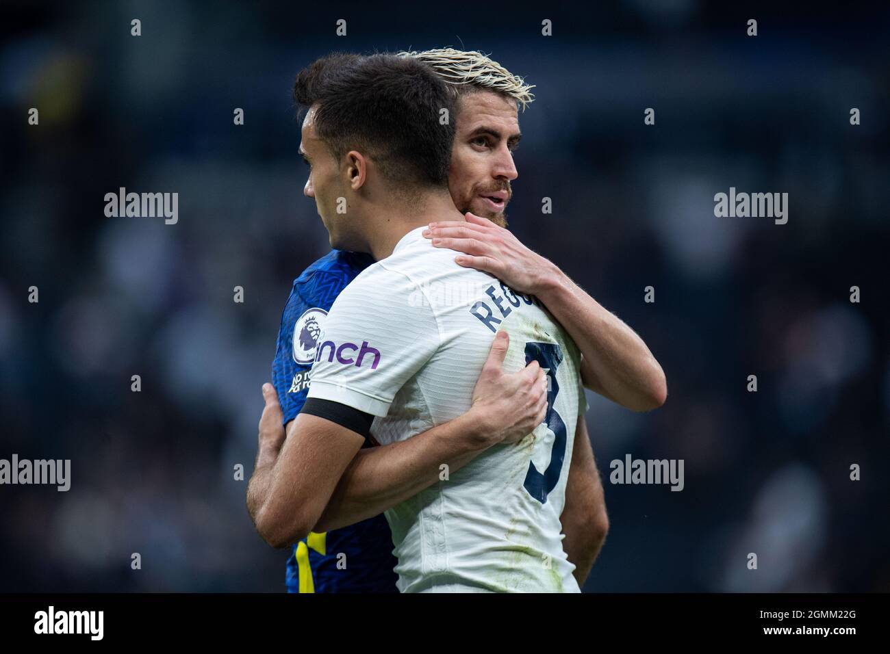 LONDON, ENGLAND - SEPTEMBER 19: Jorginho of Chelsea and Sergio Reguilón of Tottenham Hotspur during the Premier League match between Tottenham Hotspur Stock Photo