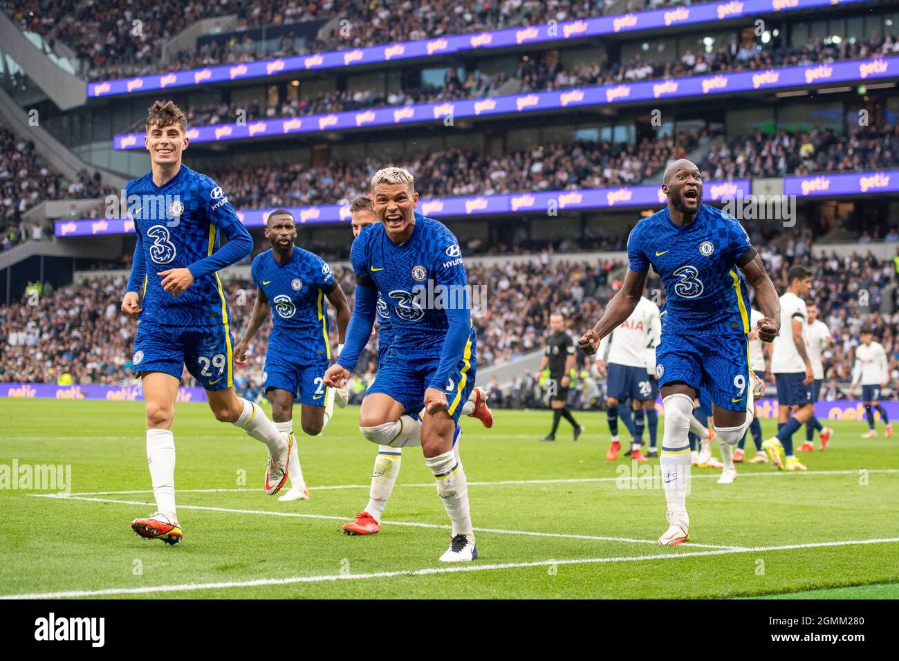 Thiago Silva of Chelsea celebrate with Kai Havertz, Romelu Lukaku and César  Azpilicueta after scoring goal during the Premier League match between Tot  Stock Photo - Alamy
