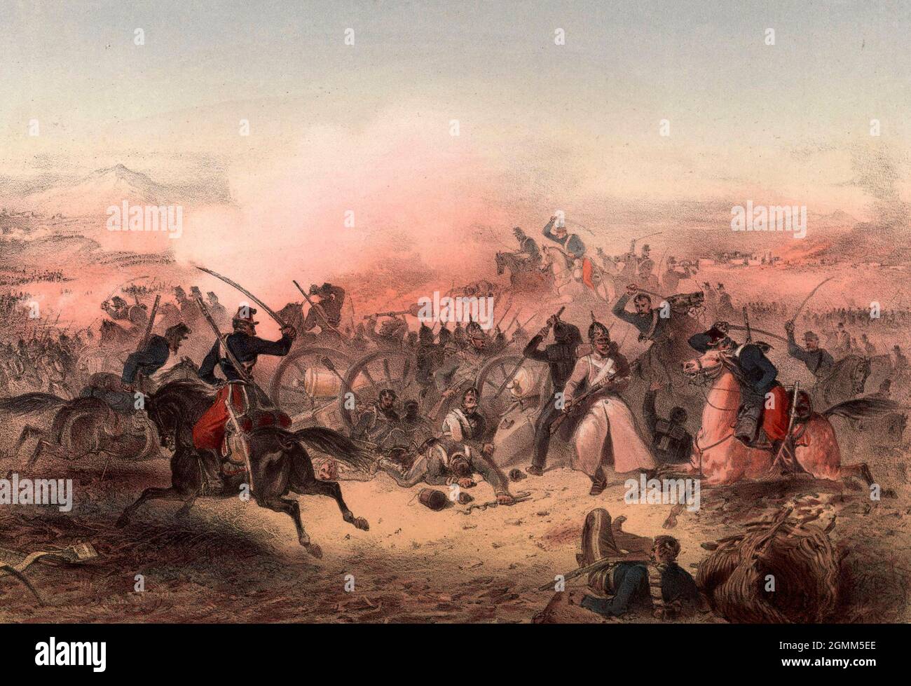 The Charge of the Light Brigade during the Battle of Balaclava. The paintingshows the destruction of a Russian battery by the Chasseurs d'Afrique. Stock Photo