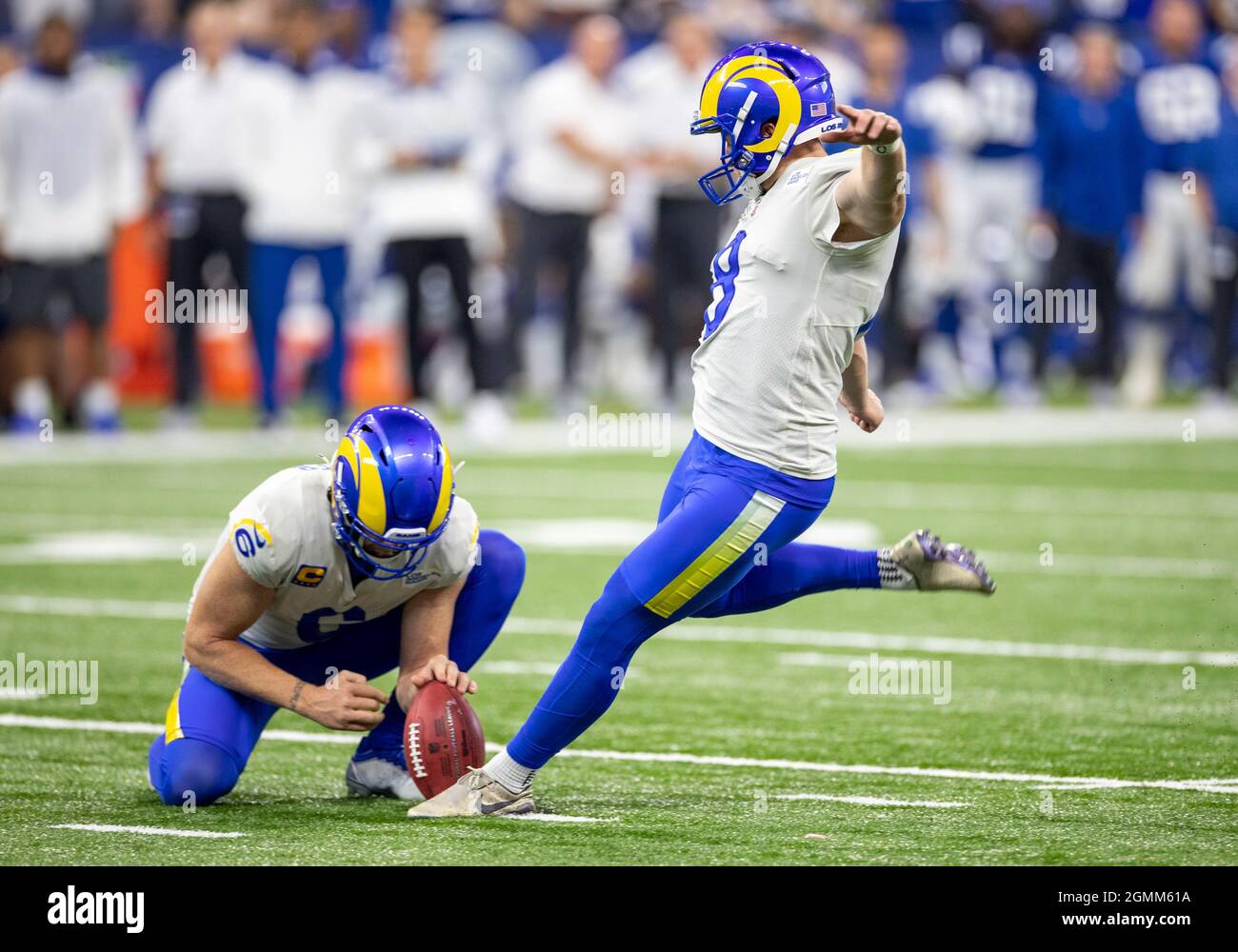 Indianapolis, Indiana, USA. 19th Sep, 2021. Los Angeles Rams kicker Matt Gay  (8) kicks game winning field goal out of the hold by Los Angeles Rams  punter Johnny Hekker (6) during NFL