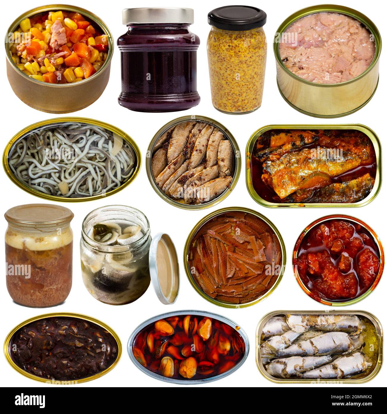 Set of various raw and canned vegetables and seafood isolated on white