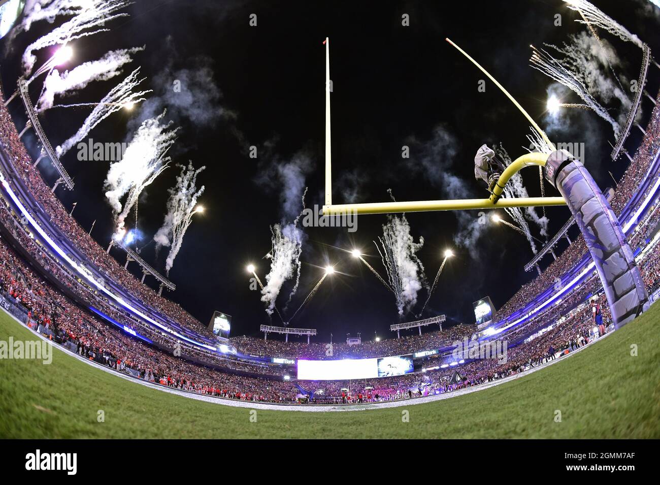 Baltimore, United States. 19th Sep, 2021. Fireworks signal the Baltimore Ravens player introductions during the home opener against the Kansas City Chiefs at M&T Bank Stadium in Baltimore, Maryland, on Sunday, September 19, 2021. Photo by David Tulis/UPI Credit: UPI/Alamy Live News Stock Photo