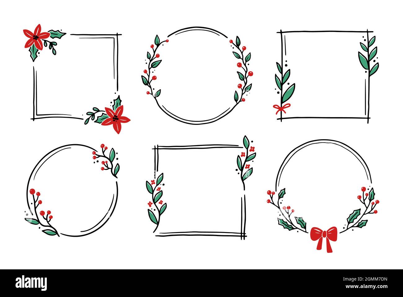Chrirtmas floral frame with circle round rectangle shape. Doodle
