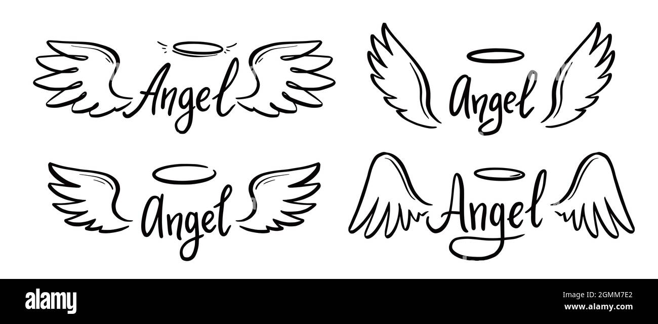 Angel wing with halo and angel lettering text set. Hand drawn line sketch style wing. Simple vector illustration. Stock Vector