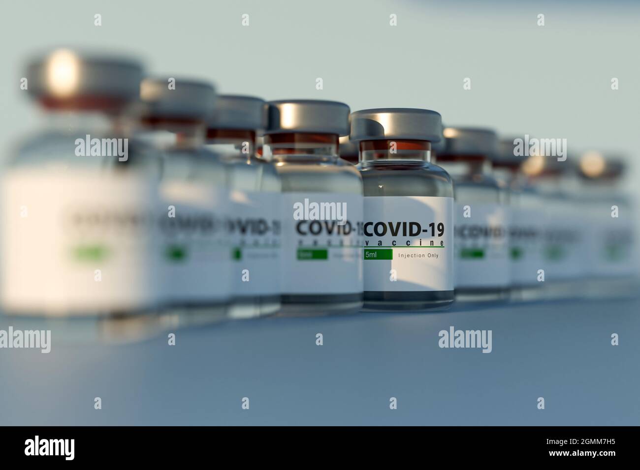 SARS - CoV2 Vaccine concept. A medical needle entering into a glass vial of COVID-19 Vaccine. Medical research 3D illustration. Stock Photo