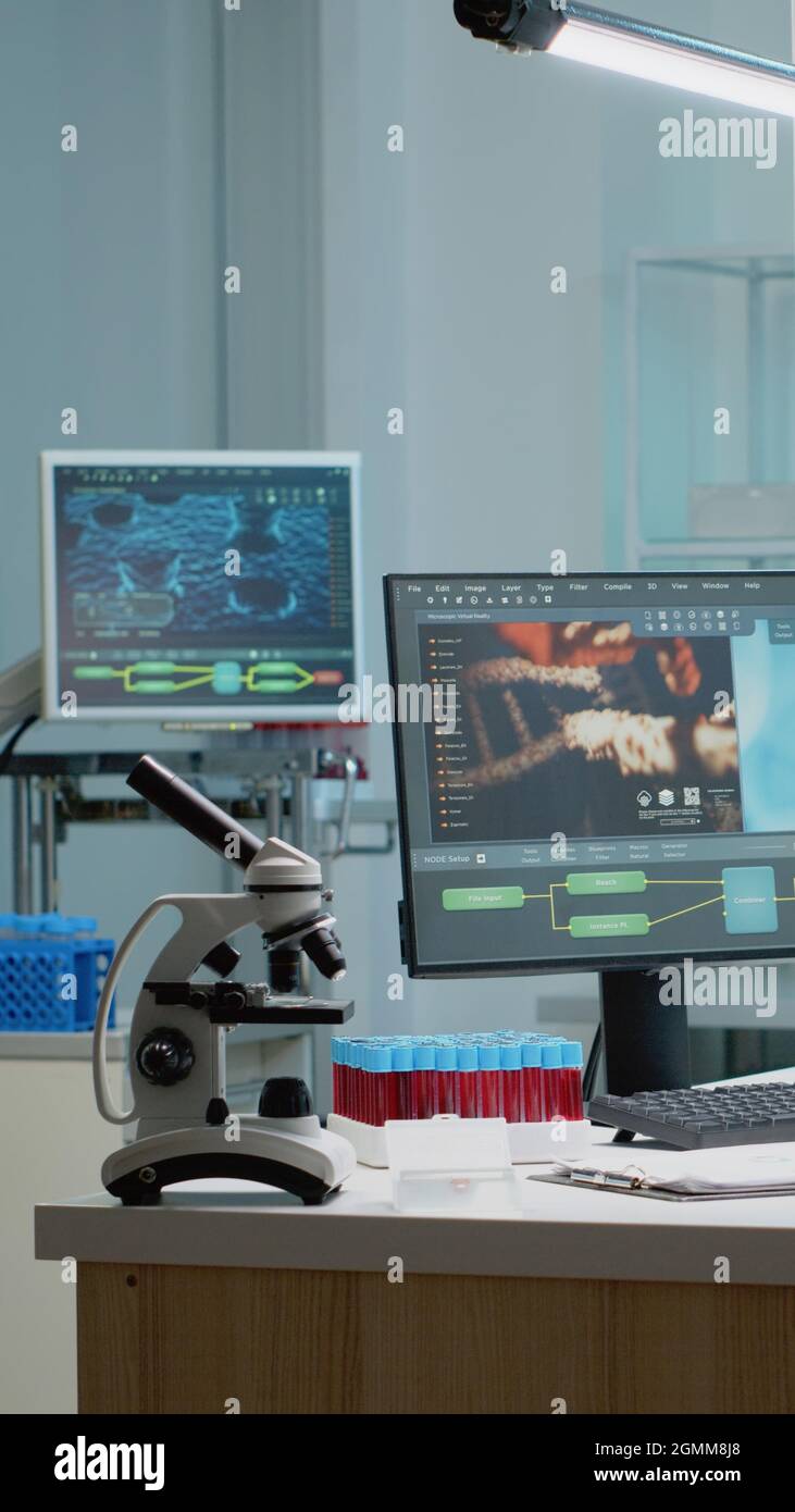 Biochemistry desk with scientific computer in laboratory for blood and dna  animation. Empty room with technology used for medical research and biology  equipment for investigation Stock Photo - Alamy